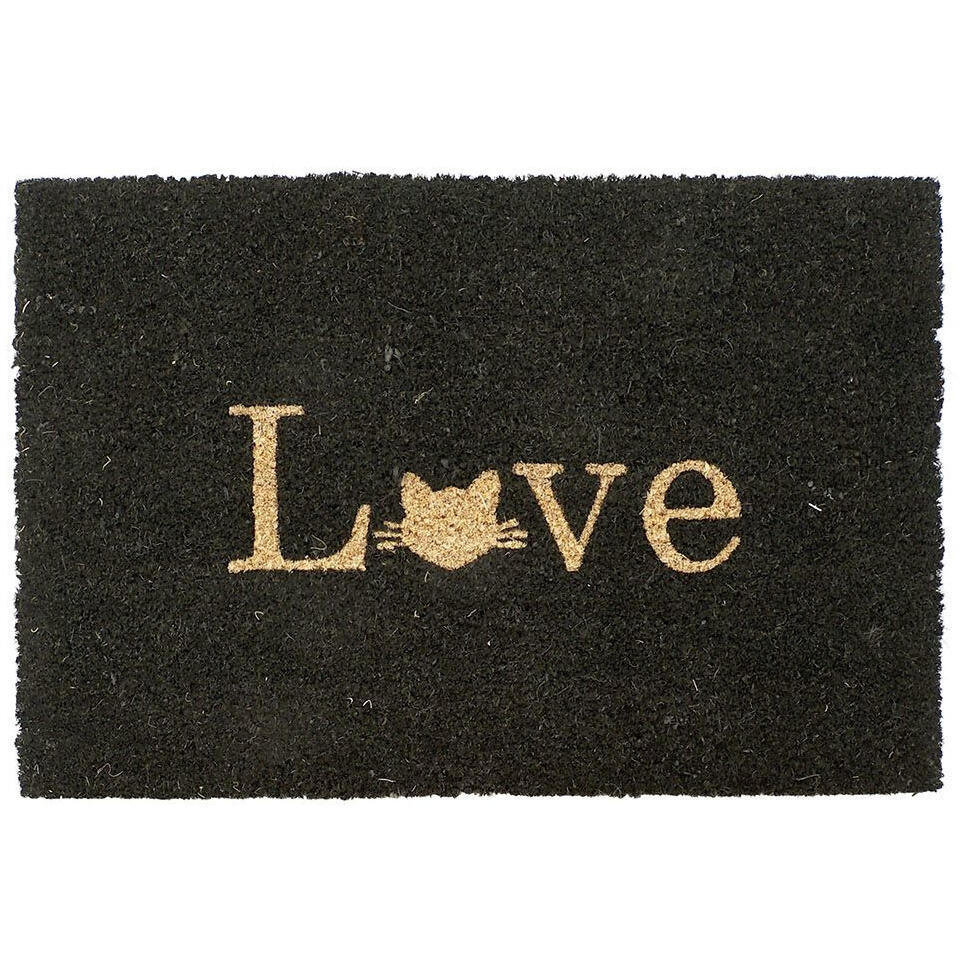 Merkloos Deurmat - Love - Kat - Zwart - Kokosvezel - 60 X 40 Cm