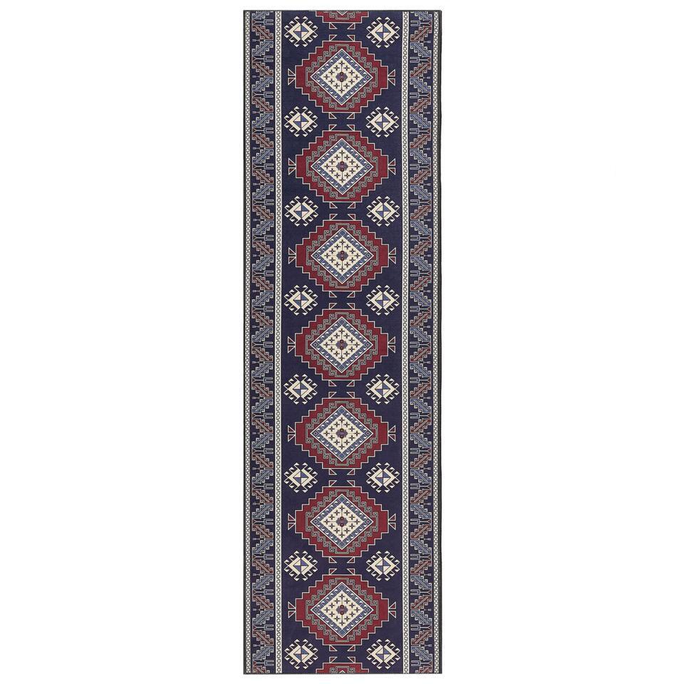  KANGAL - Loper Tapijt - Blauw/Rood - 60 X 200 Cm - Polyester